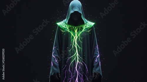 a wizard figure wearing a robe that emits neon light