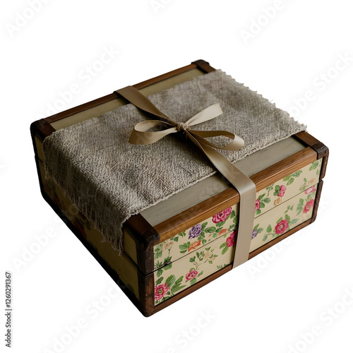 A vintage hatbox with floral patterns and a faded ribbon photo