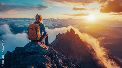 Sportliche junge Frau blickt von einem Berggipfel ins Tal, Abendlicht, Sonnenuntergang, Generative AI