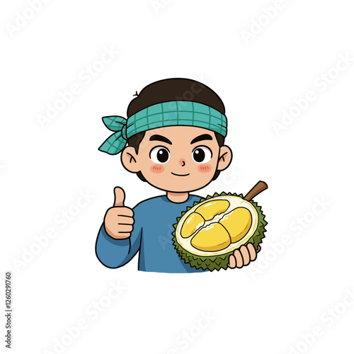 Boy Holding Durian Fruit Giving Thumbs Up Cartoon Illustration
