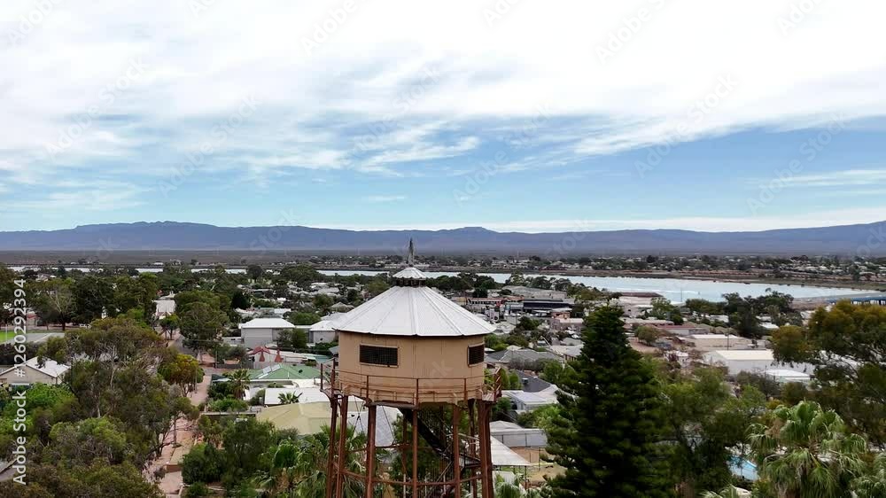 Port Augusta aerial view of The Water Tower Lookout. This tower was built in 1882 to provide a pressure water supply for the residents of Port Augusta West. The excellent views of the the Spencer Gulf Port Augusta aerial view of The Water Tower Lookout. This tower was built in 1882 to provide a pressure water supply for the residents of Port Augusta West. The excellent views of the the Spencer Gulf