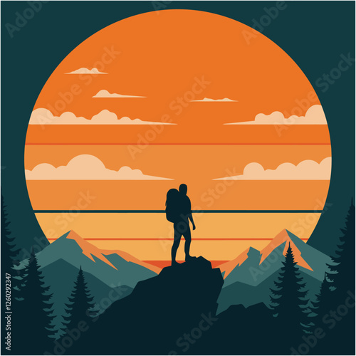 Hiker Silhouette Enjoying Mountain View at Sunset Inspiring Outdoor Adventure