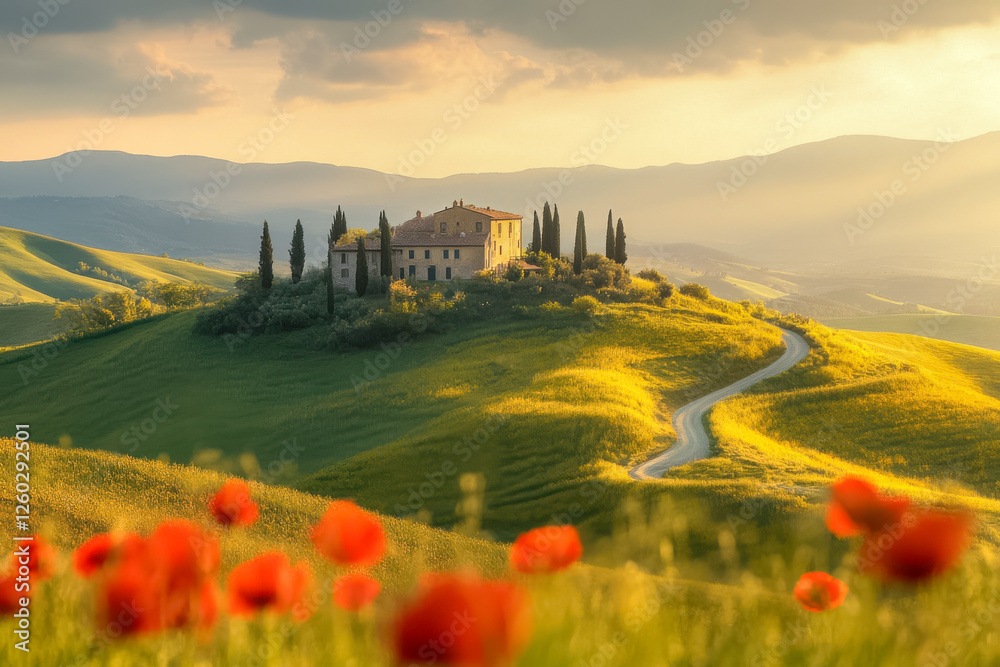 Hügelige Landschaft in der Toskana mit roten Mohnblumen im Vordergrund, ein Haus umgeben von Zypressen steht auf einem Hügel im Abendlicht, Italien, Generative AI