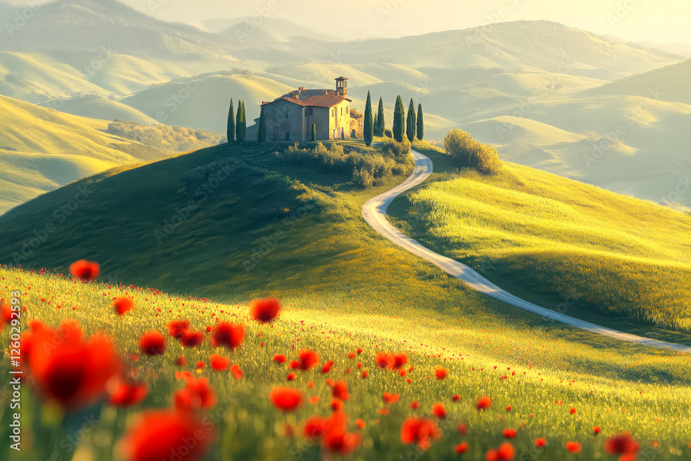 Hügelige Landschaft in der Toskana mit roten Mohnblumen im Vordergrund, ein Haus umgeben von Zypressen steht auf einem Hügel im Abendlicht, Italien, Generative AI