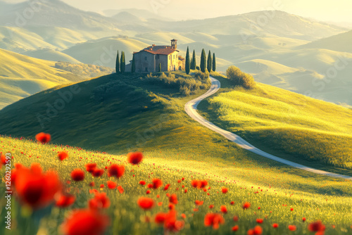 Obraz na płótnie Hügelige Landschaft in der Toskana mit roten Mohnblumen im Vordergrund, ein Haus umgeben von Zypressen steht auf einem Hügel im Abendlicht, Italien, Generative AI w salonie