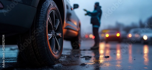 Car tire close-up, driver roadside assistance, blurry background, winter evening