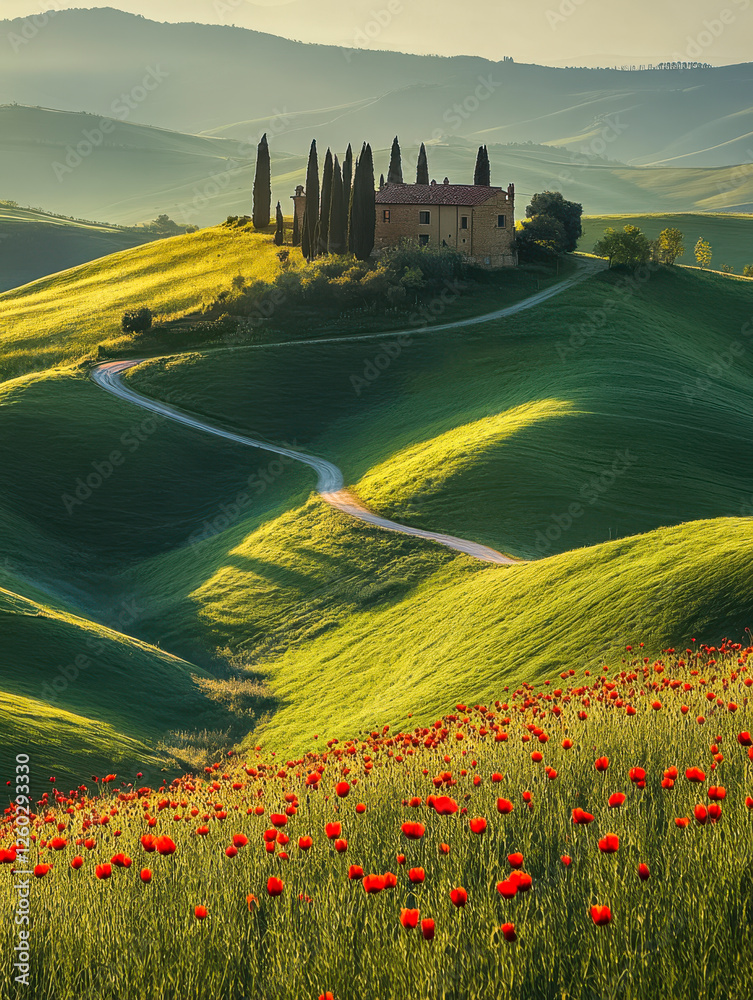 Hügelige Landschaft in der Toskana mit roten Mohnblumen im Vordergrund, ein Haus umgeben von Zypressen steht auf einem Hügel im Abendlicht, Italien, Generative AI