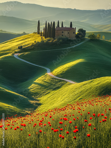 Obraz na płótnie Hügelige Landschaft in der Toskana mit roten Mohnblumen im Vordergrund, ein Haus umgeben von Zypressen steht auf einem Hügel im Abendlicht, Italien, Generative AI w salonie