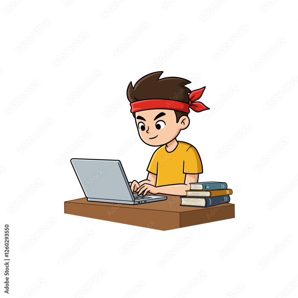 Cartoon Boy Using Laptop with Books for Education or Entertainment Cartoon Boy Using Laptop with Books for Education or Entertainment