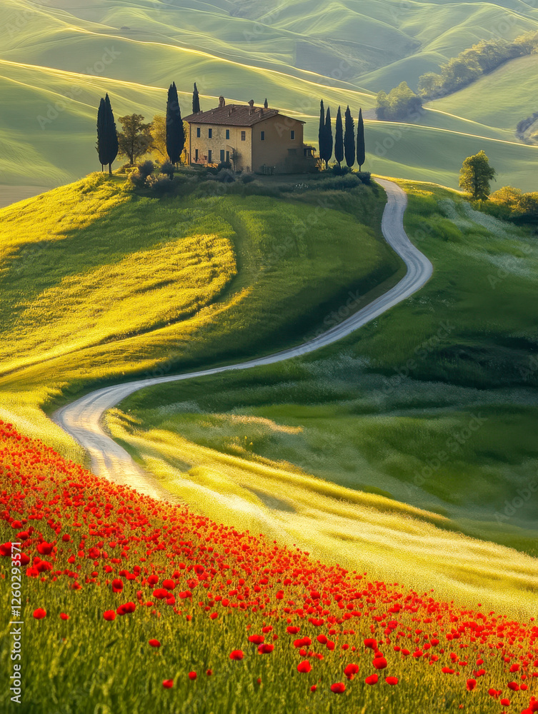 Hügelige Landschaft in der Toskana mit roten Mohnblumen im Vordergrund, ein Haus umgeben von Zypressen steht auf einem Hügel im Abendlicht, Italien, Generative AI