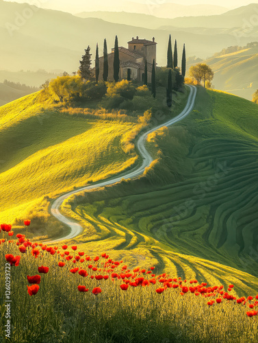 Hügelige Landschaft in der Toskana mit roten Mohnblumen im Vordergrund, ein Haus umgeben von Zypressen steht auf einem Hügel im Abendlicht, Italien, Generative AI