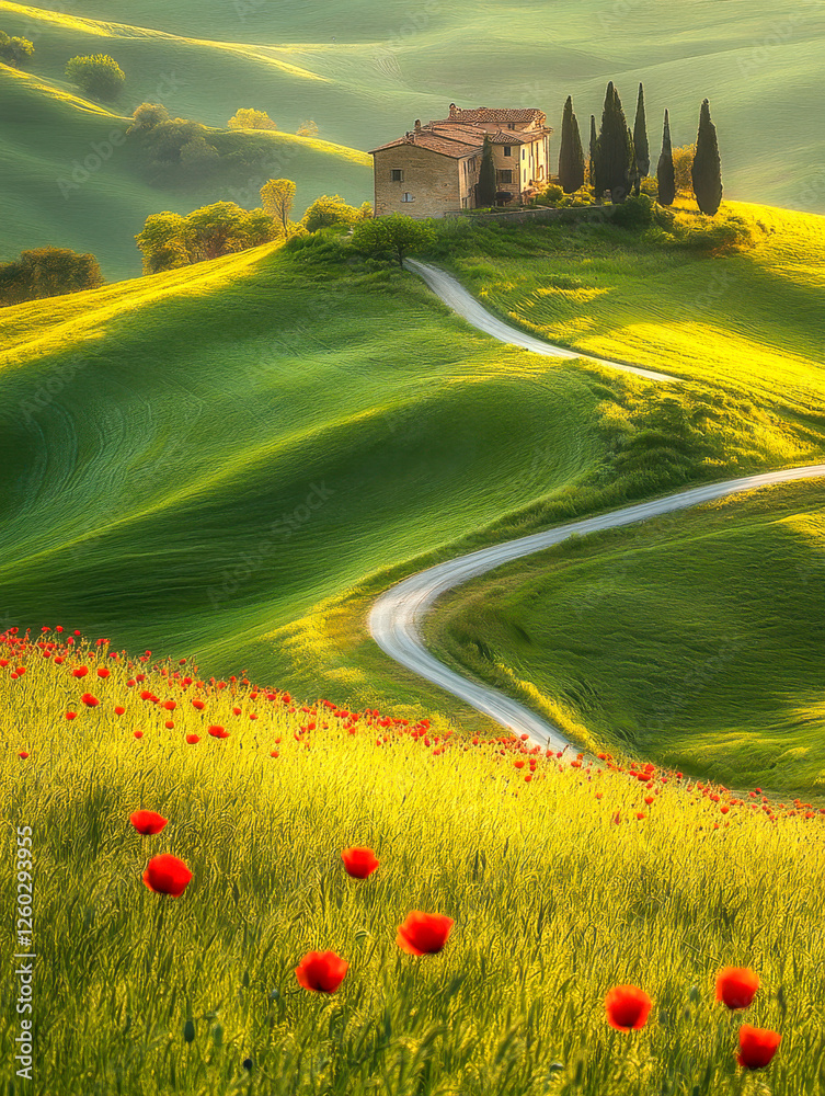 Hügelige Landschaft in der Toskana mit roten Mohnblumen im Vordergrund, ein Haus umgeben von Zypressen steht auf einem Hügel im Abendlicht, Italien, Generative AI