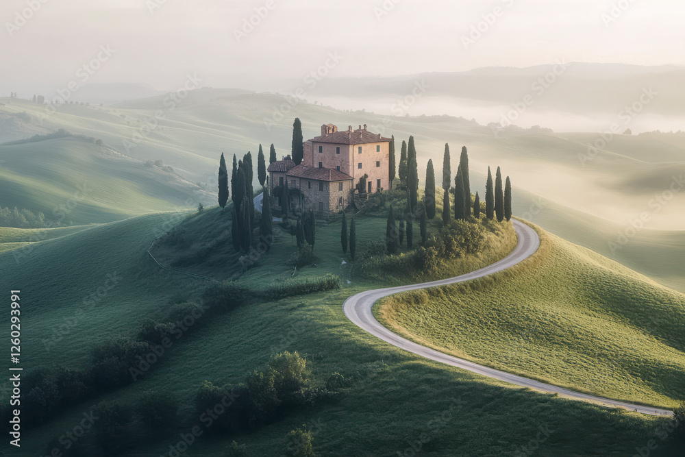 Hügelige Landschaft in der Toskana mit einem Haus umgeben von Zypressen auf einem Hügel am Morgen, Morgennebel, Italien, Generative AI