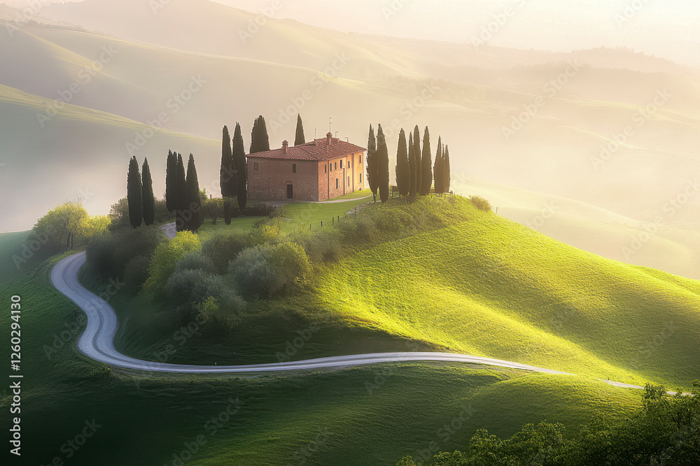 Hügelige Landschaft in der Toskana mit einem Haus umgeben von Zypressen auf einem Hügel am Morgen, Morgennebel, Italien, Generative AI