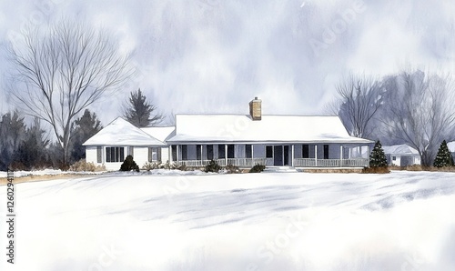 Snowy suburban house with porch, trees, and yard in winter