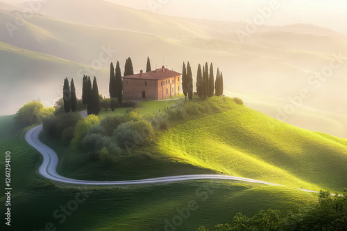 Obraz na płótnie Hügelige Landschaft in der Toskana mit einem Haus umgeben von Zypressen auf einem Hügel am Morgen, Morgennebel, Italien, Generative AI w salonie