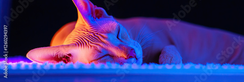 Sleeping Sphynx Cat under Neon Lighting photo