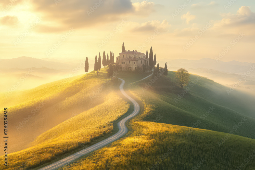 Hügelige Landschaft in der Toskana mit einem Haus umgeben von Zypressen auf einem Hügel am Morgen, Morgennebel, Italien, Generative AI