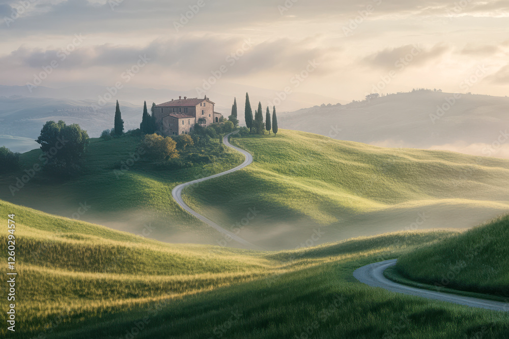 Hügelige Landschaft in der Toskana mit einem Haus umgeben von Zypressen auf einem Hügel am Morgen, Morgennebel, Italien, Generative AI