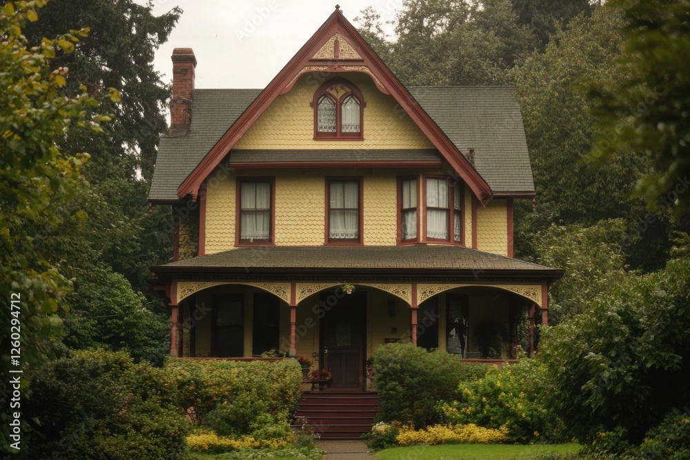 Charming yellow Victorian home surrounded by lush greenery.