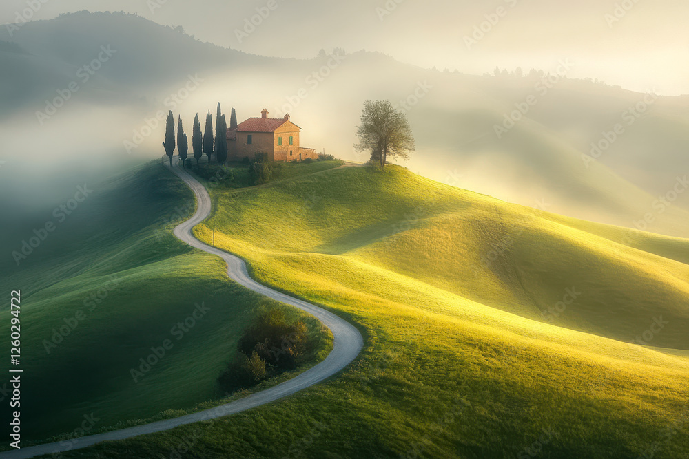 Hügelige Landschaft in der Toskana mit einem Haus umgeben von Zypressen auf einem Hügel am Morgen, Morgennebel, Italien, Generative AI