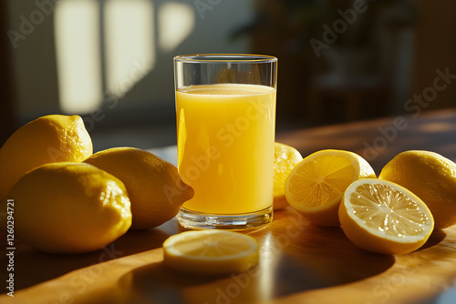 Organic Lemon Juice in a Transparent Glass with Fresh Lemons, Perfect for Detox, Immunity Boost, and Natural Health Remedies photo