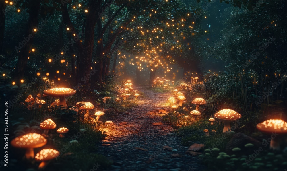 Illuminated forest path lit by softly glowing mushrooms and scattered fairy lights under a dense canopy. Illuminated forest path lit by softly glowing mushrooms and scattered fairy lights under a dense canopy.