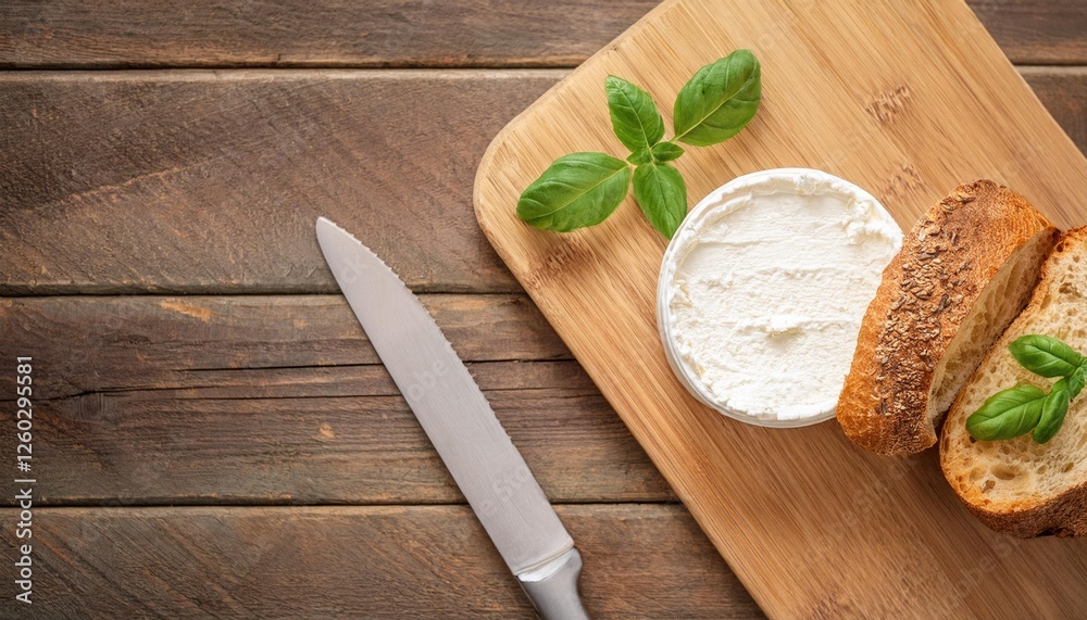 wooden table with fresh ricotta basil bread and knife wooden table with fresh ricotta basil bread and knife