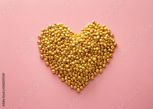 Golden Nuggets Heart, Minimalist Valentine's Day, Pastel Pink Background, Happy Valentine's Day Photography