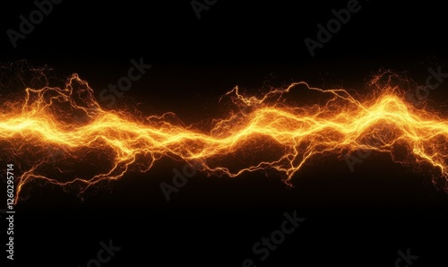 Intricate orange electric surge captured mid-flow, glowing intensely against a moody black backdrop, exuding raw energy.