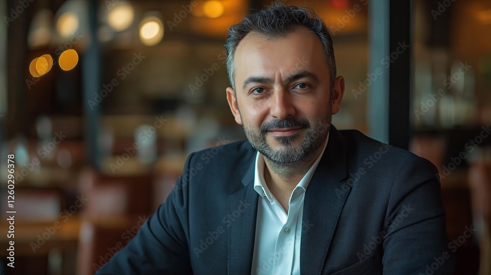 A confident middle-aged businessman with a beard sits at a table in a stylish restaurant, wearing a dark suit and smiling warmly.
A confident middle-aged businessman with a beard sits at a table in a stylish restaurant, wearing a dark suit and smiling warmly.