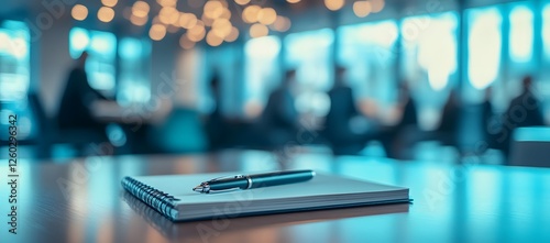 A pen and notebook on the table in the blurred background of a modern office, business concept, copy space