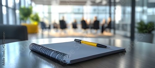 A pen and notebook on the table in the blurred background of a modern office, business concept, copy space