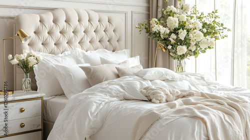 Luxurious bedroom retreat with tufted headboard, plush bedding, and elegant floral arrangements for ultimate relaxation. photo