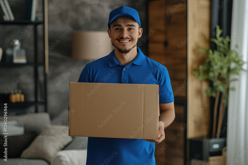 Delivery man in blue uniform holding cardboard box Delivery man in blue uniform holding cardboard box