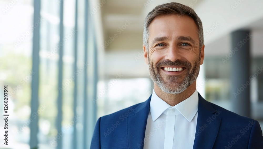 Confident businessman smiling in modern office with natural light Confident businessman smiling in modern office with natural light