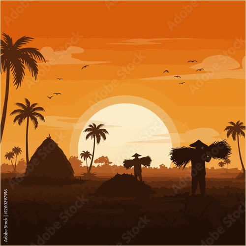 Farmers Working in Rice Field at Sunset with Palm Trees Silhouette