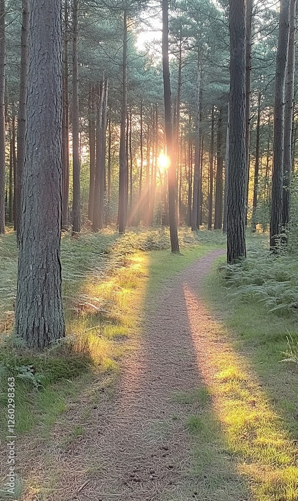 Obraz premium Sunset forest path with sunbeams, ideal for nature backgrounds