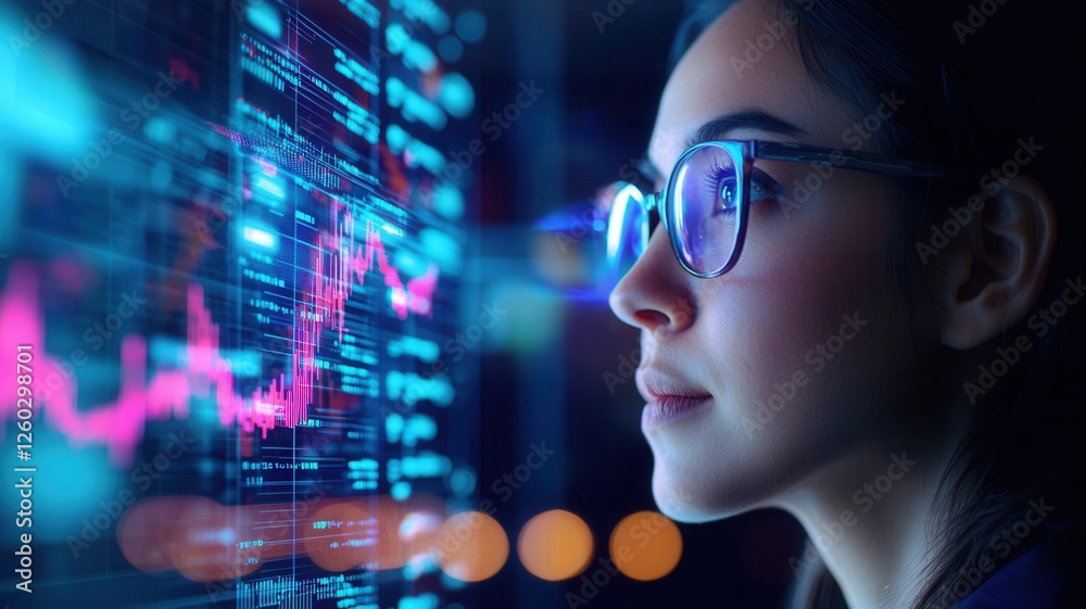 Businesswoman wearing augmented reality glasses is analyzing stock market data displayed on a large digital screen a digital hologram of trading chart Businesswoman wearing augmented reality glasses is analyzing stock market data displayed on a large digital screen a digital hologram of trading chart