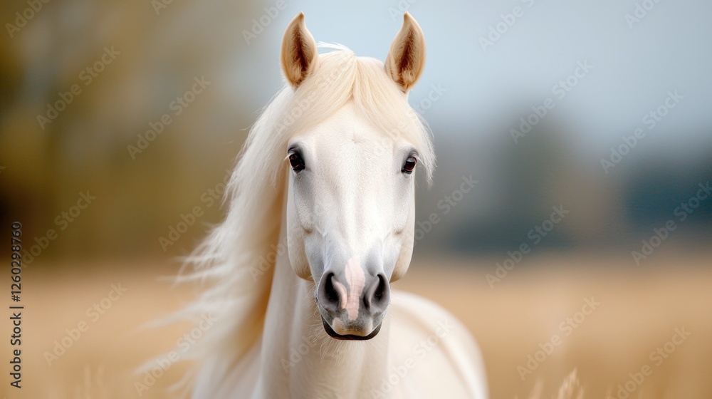 Obraz premium a white horse standing in a field of tall grass, with a blurred background