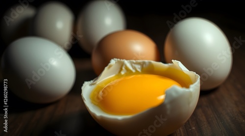 Fresh Chicken Eggs with Broken Shell and Bright Yellow Yolk photo