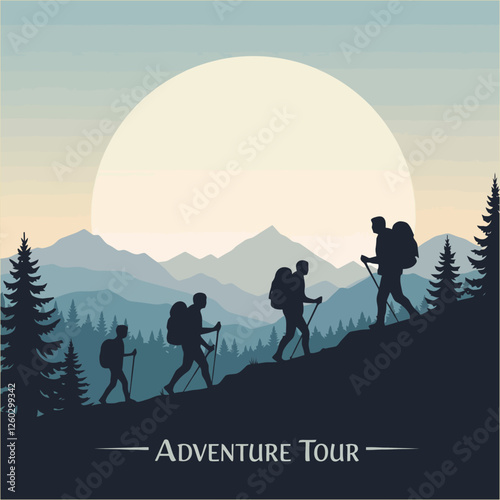 Group Hiking Silhouette with Backpacks in Mountain Adventure Landscape