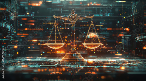 Digital scale balancing justice and bias in the age of artificial intelligence with glowing algorithmic patterns and cybernetic textures