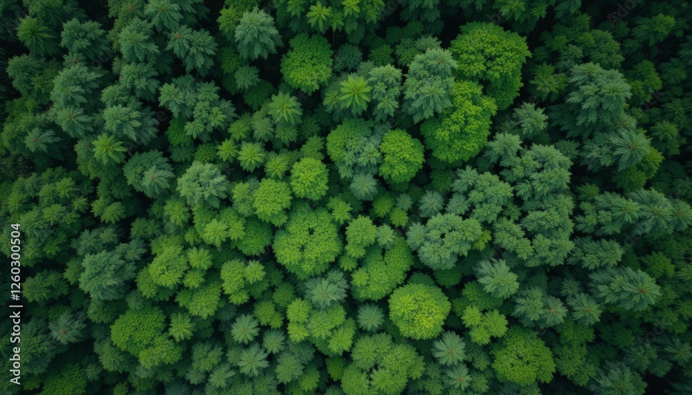 Naklejka premium An aerial view of a lush green forest, showcasing diverse tree species, promoting conservation and the beauty of untouched wilderness.