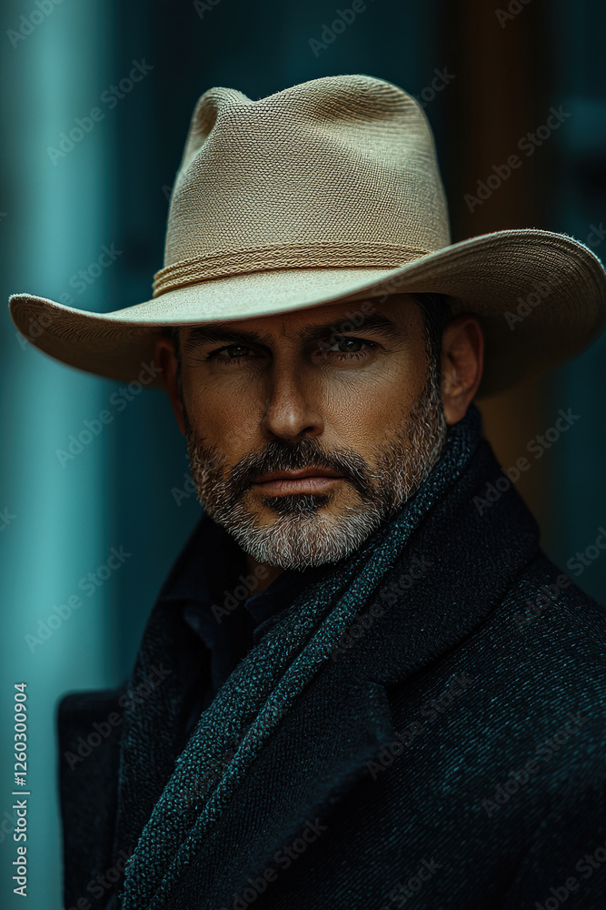 Mature caucasian male in cowboy hat with intense gaze and beard Mature caucasian male in cowboy hat with intense gaze and beard