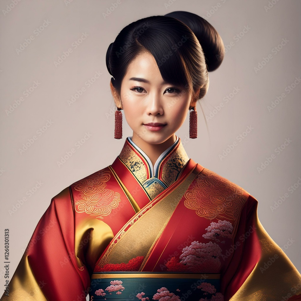 A poised woman in an exquisite kimono stands gracefully, her serene expression and elegant posture radiating traditional beauty and cultural heritage. A poised woman in an exquisite kimono stands gracefully, her serene expression and elegant posture radiating traditional beauty and cultural heritage.