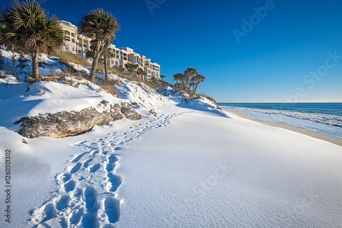 A snowy beach in Seaside, Florida with footprints leading to the water's edge and luxury hotel buildings visible on rocky outcrops above the dunes photo