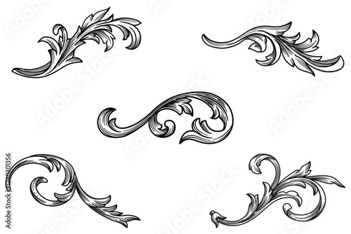 Set of Classical baroque ornament. Vector engraving victorian damask vintage elements for design. Oriental Decorative design element filigree calligraphy 