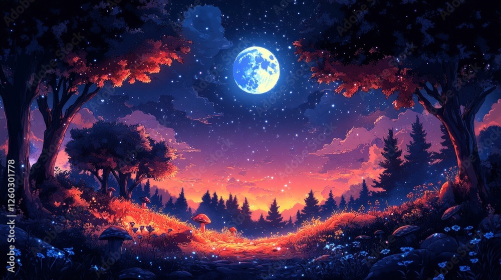 Naklejka premium Enchanting moonlit forest path glowing dusk