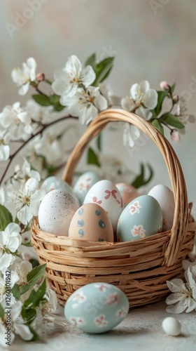 Wooden basket brimming with intricately decorated eggs rests among delicate white blossoms, capturing the essence of springtime festivities and cheerful crafts